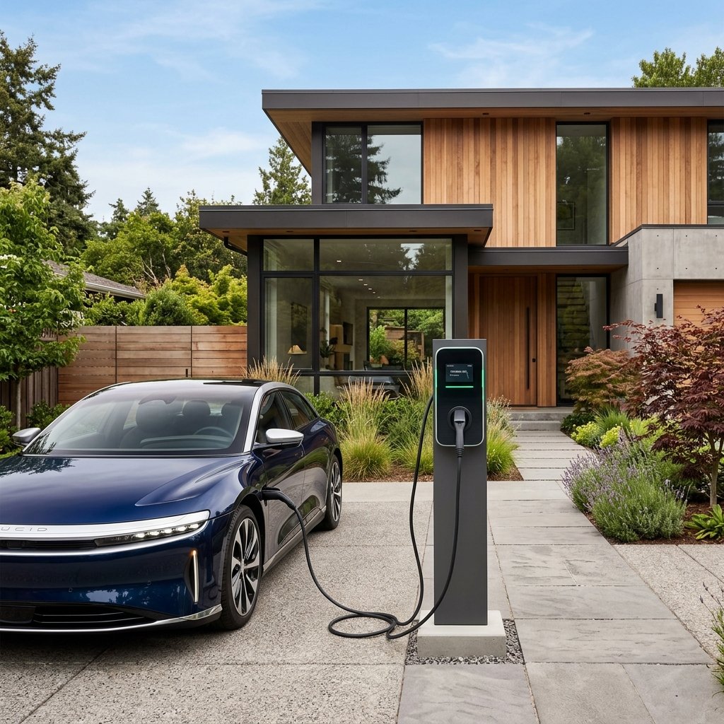 Modern, compact EV laadstation geïnstalleerd op een oprit van een woning in Voorschoten, aangesloten op een elektrische auto.