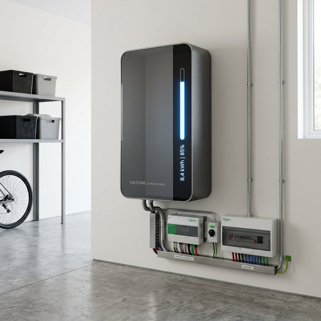 Sleek wandgemonteerde thuisbatterij in een strakke bijkeuken in Voorschoten, geïntegreerd met dynamische software.