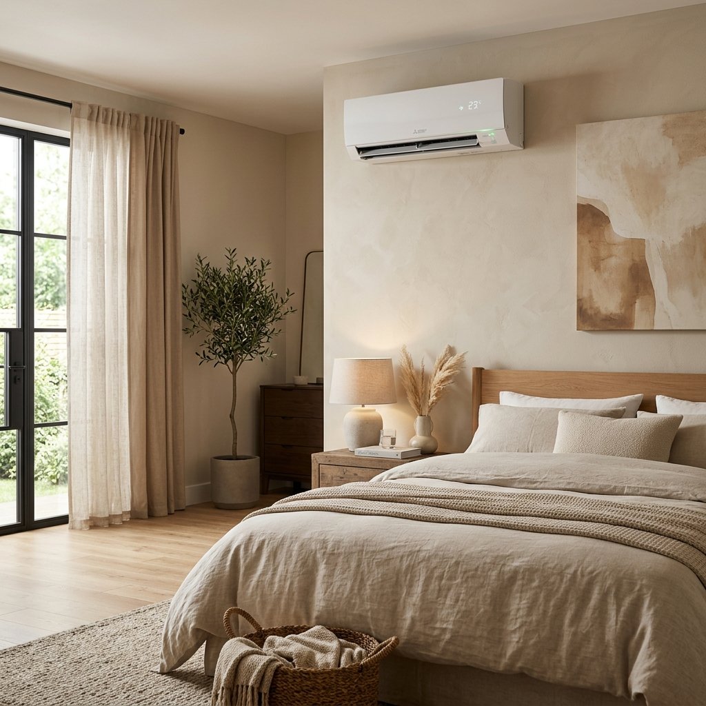 Stille, premium split-unit airconditioner strak gemonteerd op de muur van een slaapkamer voor optimaal comfort.