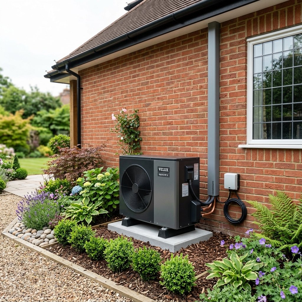 Premium buitenunit van een hybride warmtepomp netjes geïnstalleerd naast de gevel van een woning in Zuid-Holland.