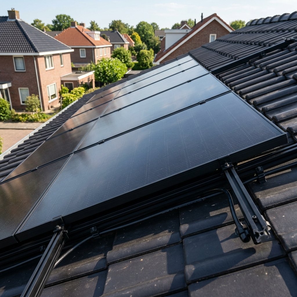 Premium zwarte Glas-Glas zonnepanelen vakkundig geïnstalleerd op het dak van een woning in Voorschoten door Prostroom installateurs.